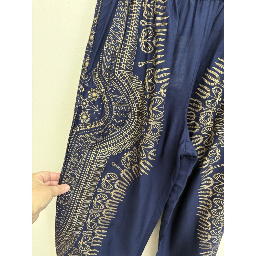 Lapogee Worldover Women Harem Pants M Blue Gold Boho Dashiki Yoga Smocked Waist - Picture 5 of 15